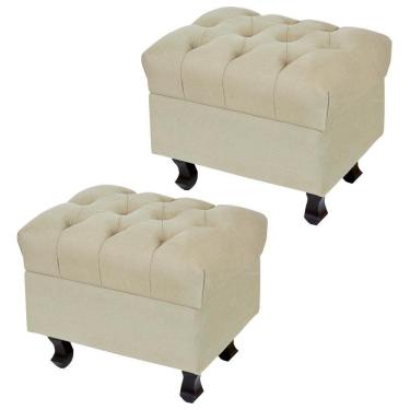 Imagem de Kit 02 Puffs París L02 Luis Xv Capitone Suede Bege Pés Madeira - Lyam Decor