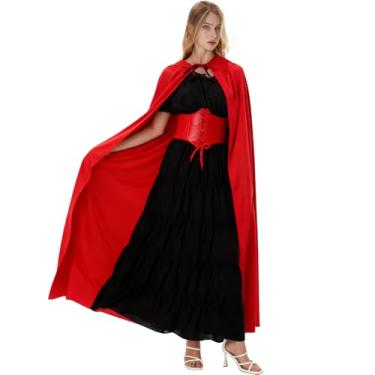 Imagem de Mepase Fantasia renascentista feminina medieval pirata camponesa vestido de veludo com capuz espartilho cinto para Halloween, Vermelho, M