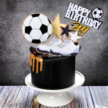 Imagem de LZGXZF 5 peças de topo de bolo de futebol feliz aniversário topo de bolo menino enfeite de bolo crianças lembrancinhas de festa decoração para homens e meninos futebol corrida temático decorações de