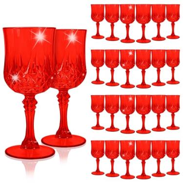 Imagem de EVSGSONL Pacote com 24 taças de vinho de plástico vermelho, taças de plástico vintage para festas, copos de água de cristal vermelhos reutilizáveis para recepção de casamento, suprimentos de festa