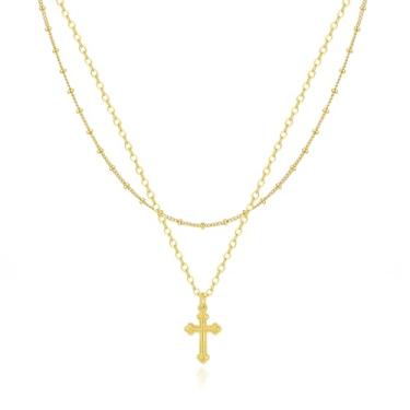 Imagem de Rotnso Colar de cruz para mulheres, banhado a ouro real 14 K, delicado, pingente de cruz pequena, simples, moderno, fofo, colar de corrente com pingente de cruz, cesta de Páscoa, enchimentos, batismo