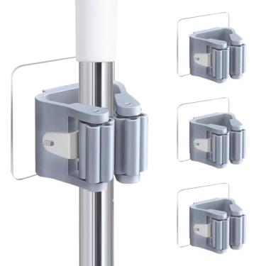 Imagem de Suporte de parede para vassoura, pacote com 4 esfregões autoadesivos e prendedor de vassoura, organizador de ferramentas antiderrapante resistente para cozinha, banheiro, garagem, armário (cinza)
