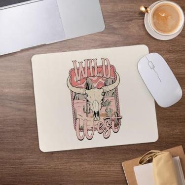 Imagem de Tapete de mouse vintage rosa ocidental, retrô country selvagem touro touro cowboy cowgirl mousepad para mesa, escritório, escritório, dormitório, computadores, laptop, acessórios de jogos, 21 x 19 cm