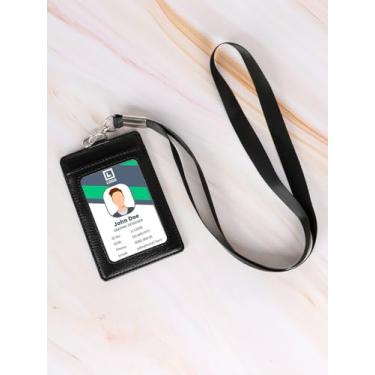 Imagem de Porta-crachá preto, porta-crachá de identificação com cordão vertical para crachás de trabalho com 1 janela transparente para identidade, 1 compartimento para cartão de crédito