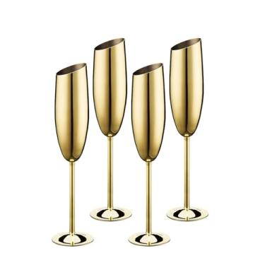 Imagem de Conjunto de 4 taças de champanhe douradas, taças de champanhe de aço inoxidável para celebração, brinde de aniversário, festa de casamento, noivo e senhora; taças de vinho de metal de haste longa para