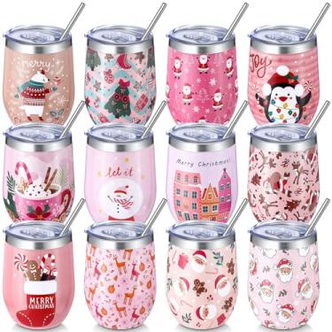 Imagem de Sliner Pacote com 12 copos de vinho de Natal de 340 g Copo de vinho de aço inoxidável de Natal com canudo e pincel, caneca de café de alce de Papai Noel, presente de feriado para lembrancinha de festa