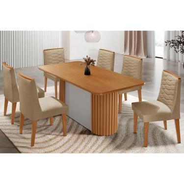 Imagem de Sala de Jantar Completa Pilar c/ Tampo Madeirado Canto Curvo 180x90cm e 6 Cadeiras Maldivas Madeira Maciça Naturale - Capuccino/Linho Bege - Rufato