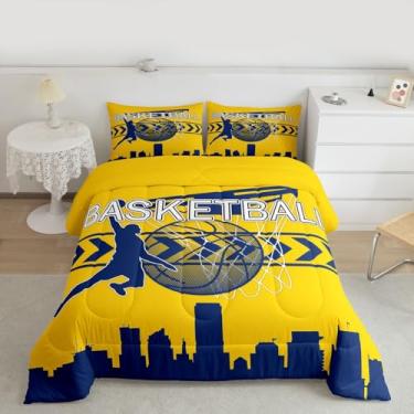 Imagem de Manfei Conjunto de edredom de basquete, tamanho casal, 3 peças, moderno, esporte, atleta, azul marinho, silhueta de Indiana Americana, conjunto de colcha para quarto de adolescentes, 2 fronhas