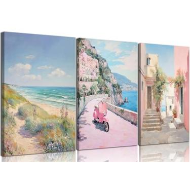 Imagem de 3 peças de arte de parede em tela pastel da Costa Amalfitana na moda rosa praia decoração de parede decoração de parede estética italiana paisagem praiana impressão arte para meninas adolescentes