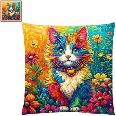 Imagem de Lovxvouy Kits de ponto cruz para adultos iniciantes - kit de ponto de agulha pré-impresso, kits de ponto cruz, kit de pontos cruzados, kit de pontos cruzados, kit de bordado, flores coloridas de gato