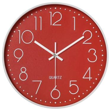 Imagem de Relógio de parede de quartzo silencioso com números grandes, sem tique-taque, design redondo moderno, branco e vermelho, ideal para uso doméstico ou escritório, fácil instalação
