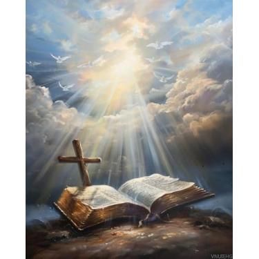 Imagem de VNUIEHG Kit de pintura de cruz e bíblia por números para adultos, pintura estética moderna por número em tela, kits de pintura a óleo digital de arte abstrata adequados para decoração de parede de