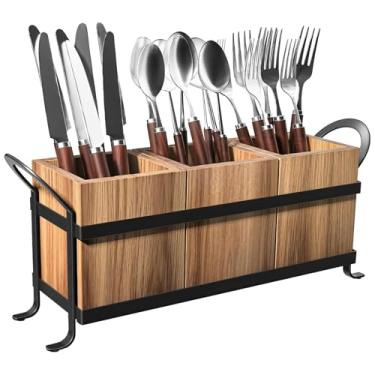Imagem de Chewtoyo Organizador rústico de cozinha - Suporte de talheres de madeira com alças de metal, 3 divisórias, caixa de armazenamento de talheres para festas, jantares, 33 x 14 x 14