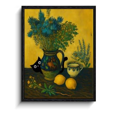 Imagem de Arte de parede emoldurada de gato preto, gato preto fofo em estilo Van Gogh natureza morta com flores e limões impressão de arte texturizada, pintura de gato caprichosa para decoração de parede de