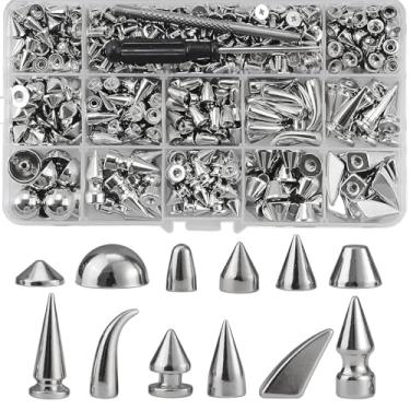 Imagem de LUMINFLY Kit de rebites de metal punk com 270 peças, 12 pontas cônicas prateadas (0,28-1,02) para projetos de couro DIY, inclui ferramentas de instalação e caixa de armazenamento