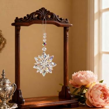 Imagem de Enfeite de cristal de floco de neve para pendurar no carro, decoração de prisma de 15 cm com corrente de contas para espelho retrovisor e decoração de casa