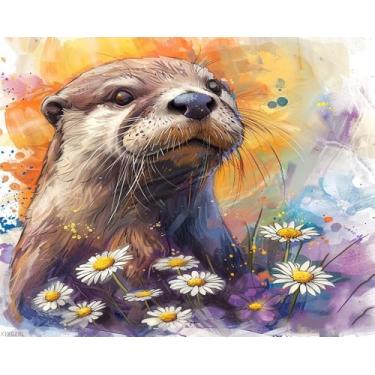 Imagem de XTXGERL Kits de pintura por números para adultos iniciantes aquarela lontra animal flores tinta a óleo digital por número para adultos tela fácil para decoração de parede de casa e presentes 40,6 x
