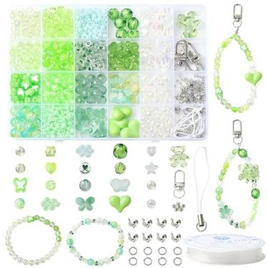 Imagem de MakemadeDIY Kit de fabricação de pulseiras verdes para celular com 653 peças, inclui estrela, borboleta, urso, coração, contas de sementes de acrílico, fechos de liga metálica para fabricação de joias