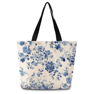 Imagem de ZhuVantrix Sacola de porcelana azul e branca reutilizável, bolsa de ombro de compras estética com bolso interno com zíper, elegante, presente de porcelana azul e branco para mulheres