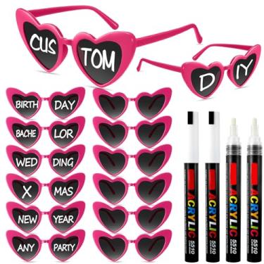 Imagem de Flutesan 12 peças de óculos de sol personalizados em forma de coração a granel com 4 canetas de tinta para lembrancinhas de festa de casamento DIY (rosa vermelha)