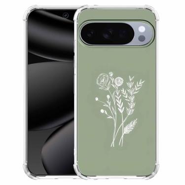 Imagem de Nsyosio Capa de flor verde compatível com Google Pixel 10/10 Pro, estampa de arte botânica floral estética, capa protetora de TPU macio exclusiva, px10