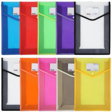 Imagem de Pastas tamanho carta com fecho e bolso para cartão de visita, organizador de documentos de envelope de plástico com fecho de pressão, arquivo vertical, 9 cores, 10 peças, 39 x 26 cm