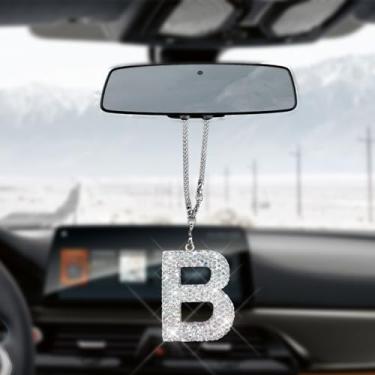 Imagem de HQRNYP Pingente de letra de carro brilhante, acessórios para pendurar espelho de carro, ornamento de espelho retrovisor, pingente de cristal fofo, enfeite feminino de strass de diamante da sorte para