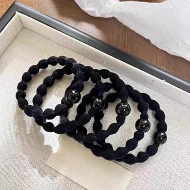 Imagem de 10 peças de nylon de alta elasticidade laços de cabelo pérola contas faixa de cabelo durável anéis de cabelo grosso corda acessórios para cabeça (preto-10 peças)