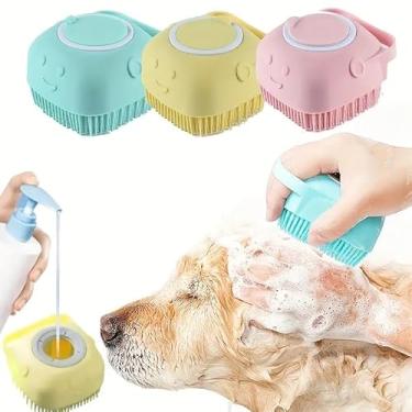 Imagem de Escova de cabelo para animais de estimação para gatos e cães, massagem de borracha com armazenamento de xampu para banho e limpeza de pelos, rosa