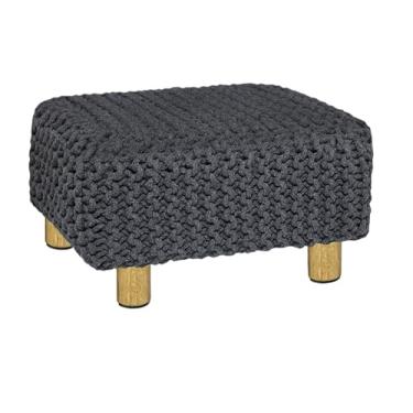 Imagem de COTTON CRAFT Apoio para os pés trançado – Banqueta Dori tricotada à mão com pernas de madeira resistente – Descanso de perna boho feito à mão – Pequenos espaços sob a mesa entrada da sala de estar