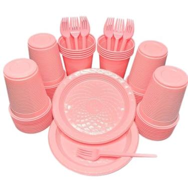 Imagem de Kit 300 Itens Festa Aniversário Descartáveis Plástico Colorido Perolado 100 Pessoas Completo Pratinho Garfinhos Copos (Rosa)