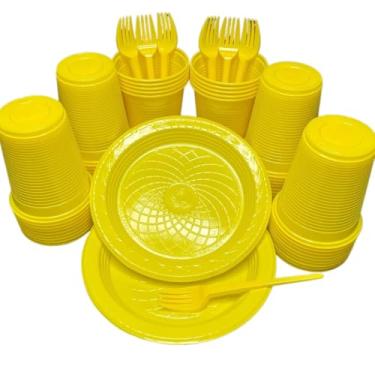 Imagem de Kit 300 Itens Festa Aniversário Descartáveis Plástico Colorido Perolado 100 Pessoas Completo Pratinho Garfinhos Copos (Amarelo)