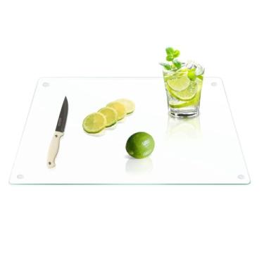 Imagem de Yuzeyurun Tábua de corte de vidro temperado para cozinha, tábua de corte transparente grande de 50,8 x 40,6 cm, tábua de cortar vidro com pés antiderrapantes, resistente ao calor, resistente a quebras