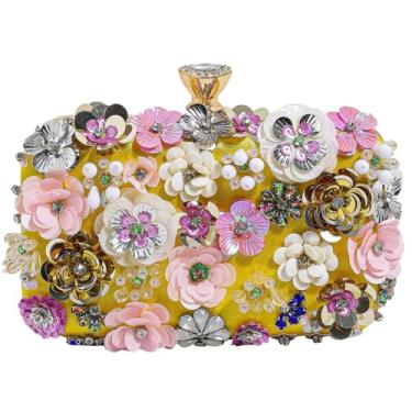 Imagem de Bolsa de noite com miçangas para mulheres, bolsa floral clutch floral, vestido de convidada para casamento, festa, embreagens, chiques, Amarelo, S to M