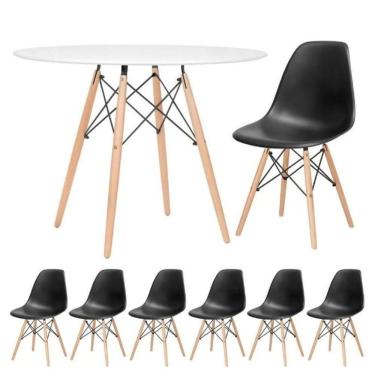 Imagem de Conjunto De Mesa De Jantar Eames Eiffel Redonda 100cm Tampo De Madeira Branco Com 6 Cadeiras Pretas