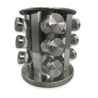 Imagem de Porta Condimentos Giratório, 12 Potes de Vidro com Tampa Inox, Base Giratória, 21x29cm, Organizador para Temperos e Especiarias