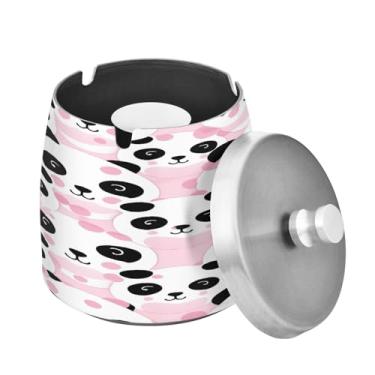 Imagem de Blueangle Cinzeiro de ursos panda rosa com tampa para cigarros, à prova de vento/chuva, aço inoxidável, sem fumaça, inodoro, cinzeiro para uso interno ou externo (73)