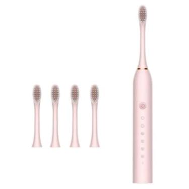 Imagem de Escova de dentes elétrica recarregável 4 cabeças de escova de reposição Classificação IPX7 à prova d'água Carregamento USB(ROSA)