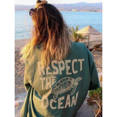 Imagem de Camiseta Feminina Verde Com Estampa De Tartaruga Casual Moda Respiráve