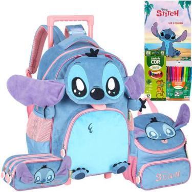 Imagem de Kit Mochila Carrinho Stitch Angel Pelucia 3d Infantil Disney - Luxcel
