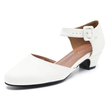 Imagem de Sapato social feminino D'Orsay com tira de fivela e salto baixo para noite de negócios na igreja, Branco fosco, 38