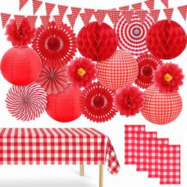 Imagem de Artigos de festa de guingão incluem lanternas de papel quadriculado toalha de mesa de plástico bandeira pendurada leques de papel