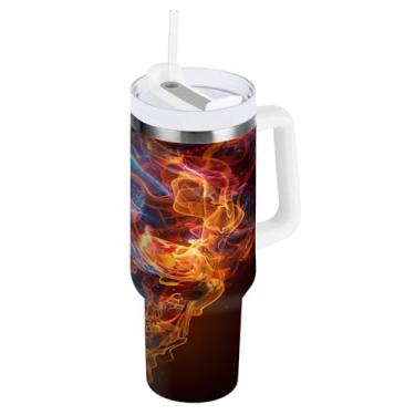 Imagem de STAYTOP Copo de caveira de chama de 850 g com tampa e canudo, à prova de vazamento, copo isolado de aço inoxidável durável com alça, garrafas de água à prova de derramamento para viagens