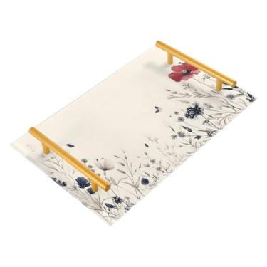Imagem de Wassud Bandeja de banheiro floral desenhada à mão com alças organizador de perfume de joias de acrílico para banheiro, quarto, cozinha, balcão de 30 x 20 cm