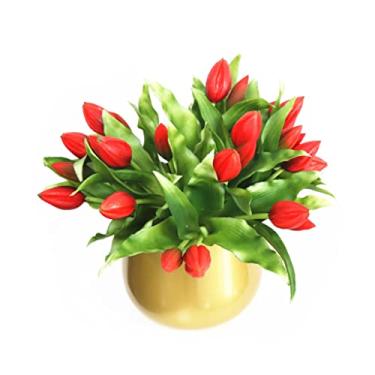 Imagem de LMJYU Flores artificiais para decoração, 27 peças, buquê de flores artificiais com vaso, arranjo de flores de tulipa de silicone artificial para decoração de casa Artif