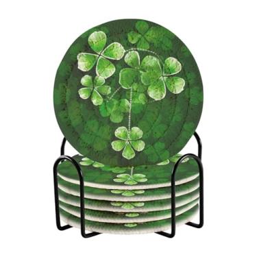 Imagem de Wassud Porta-copos com suporte, corrente de trevo de quatro folhas, conjunto de porta-copos de tecido absorvente para decoração de casa, proteção de mesa, 6 peças