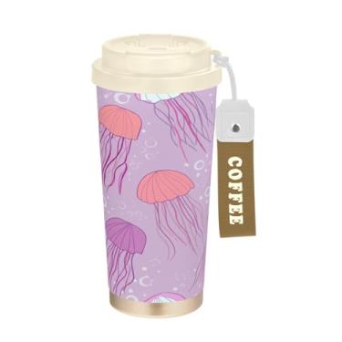 Imagem de Wassud Caneca de café de viagem isolada com água-viva fofa copo à prova de vazamento com tampa e canudo garrafa de água de aço inoxidável para café quente/gelo, chá e cerveja