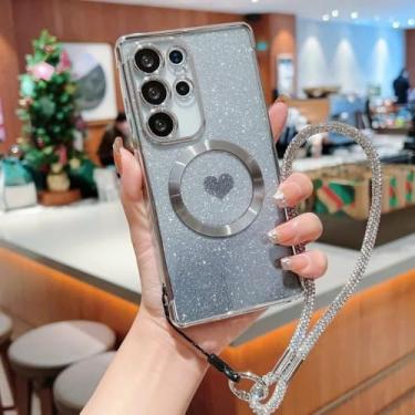 Imagem de Capa para celular com pulseira magnética e revestimento cromado para Samsung Galaxy S24 S23 S21 FE S25 Ultra S22 Plus, com glitter degradê, prateada, para Galaxy S24 FE