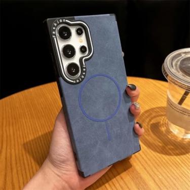 Imagem de HJZSZX Capa magnética de couro retrô com carregamento sem fio e à prova de choque para Galaxy S24 PLUS (para Galaxy S24 PLUS/azul)