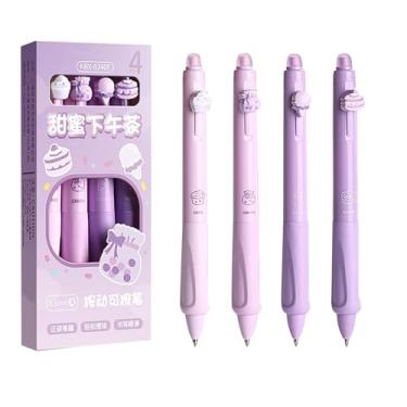 Imagem de YYaaloa 4 canetas de gel retráteis apagáveis fofas de ponta fina 0,5 mm tintas azuis fazem com que os erros desapareçam para planejador de escrita e palavras cruzadas (roxo, azul)